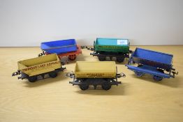 Five Hornby 0 gauge Tipper Wagons, Robert Hudson Ltd, Trinidad Lake Asphalt, Mcalpine x2 and one