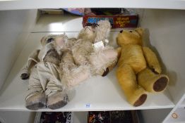 Three mixed vintage Teddy Bears, mid 20th century straw filled, yellow plush, stitch nose, plastic