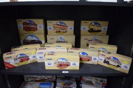 Fourteen Corgi Classics die-cast Buses, 97069 Whittles Set, 97106 The Fred Bibby, 97170 Woods, 97171