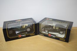 Two Burago 1:18 scale die-casts, 3006 1937 Jaguar SS100 and 3018 1961 Jaguar E Coupe, both in window