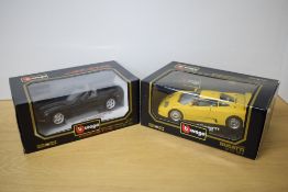 Two Burago 1:18 scale die-casts, 3045 1991 Bugatti EB 110 and 3076 1998 Chevrolet Corvette