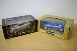Two Burago 1:18 scale die-casts, 3045 1991 Bugatti EB 110 and 3349 1996 BMW M Roadster, both in
