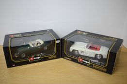 Two Burago 1:18 scale die-casts, 3016 1961 Jaguar E Cabriolet and 3023 1957 Mercedes Benz 300SL