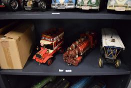 Three modern reproduction tin plate Vehicles, Liptons Bus with card box, 0-6-4 Locomotive and a