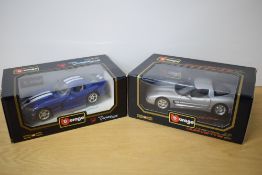 Two Burago 1:18 scale die-casts, 3030 1996 Dodge Viper GTS Coupe and 3056 1997 Chevrolet Corvette,
