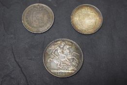 Three GB Silver Coins, George IIII 1823 Half Crown, marks to edge, Queen Victoria 1887 Crown, mark
