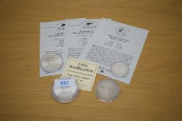 Four Westminster Mint World Silver Coins, Australia 1993 & 1994 Kangaroo Dollars, Barbados 1994