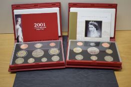 Two Royal Mint United Kingdom Proof Coin Sets, 2001 & 2002, in plastic display boxes with folding