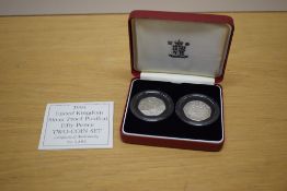 A Royal Mint 1994 United Kingdom Silver Proof Piedfort Fifty Pence Two Coin Set, 50th Anniversary of
