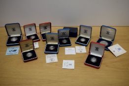 Ten Royal Mint Silver Proof Coins, Piedfort 1985, 1986 & 1988 One Pound, Piedfort 1982 Twenty Pence,