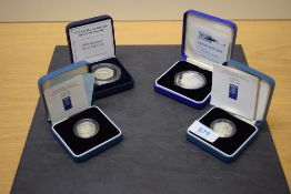 Four Silver Proof Coins, Royal Mint 2000 Five Pounds, 1999 & 2000 One Pounds, Westminster Mint