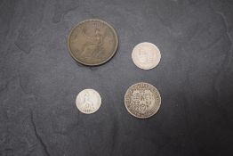 Four GB Coins, George IV Penny, Queen Victoria 1854 Silver Four Pence, 1887 Jubilee Head Silver