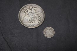 Two GB Silver Coins, Queen Victoria 1889 Crown and Edward VII 1902 Threepence