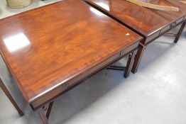 A pair of reproduction square coffee tables , having two drawers, each approx 95 x 95cm