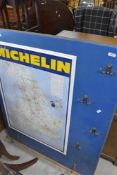 A vintage metal Michelin motoring map (pre 1967 no Cumbrian M6) mounted on board with coat hooks,