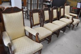 A Victorian mahogany framed salon suite comprising four dining chairs and two easy chairs, with