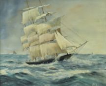 D E Conway, 20th century acrylic on board depicting a sailing ship in stormy waters, signed and