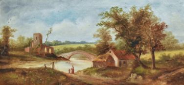 A pair of 19th century oil on canvas rural landscapes, with figures and buildings, each unsigned,