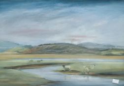 Artist unknown, coloured chalks, pastoral coastal scene with sheep, unsigned, within a slender