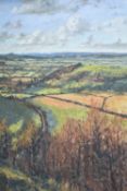 Laurence Belbin (British b1958) oil on board, 'Farmlands', unframed, 149 x 93.5 cm.