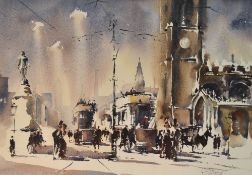 Trevor Lingard (British contemporary) watercolour, bustling cityscape of yesteryear, signed lower