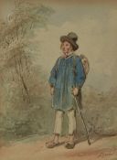 A 19th century watercolour sketch, study of a traveller wearing clogs, indistinctly signed lower