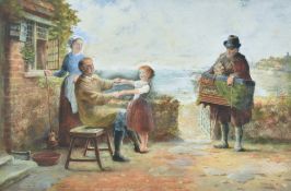 Frederick Daniel Hardy (British 1827-1911) watercolour, coastal cottage scene with family and
