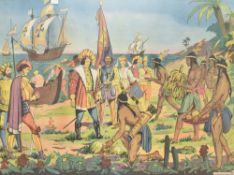 Double sided school poster from MDI editions late 20th Century, 'The Arrival of Christopher Columbus