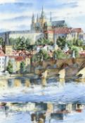 V Shukshin (Czech contemporary) watercolour 'Prague' a detailed view across the river Vitava towards