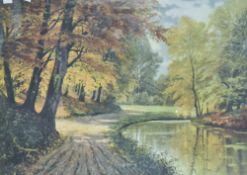 A 20th century colour print, autumnal park scene, indistinctly marked lower left, within a moulded