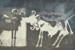 Artist unknown, a 1960's limited edition engraving 'Kissing Cows' indistinctly signed, dated 1969,