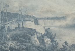 An interesting 19th century pencil drawing 'View of The Schloss Falls' (Rhine, Germany) within a