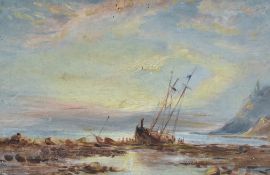 A 19th century English school oil on panel, coastal scene with beached fishing boat, unsigned within