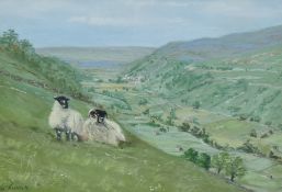 Carol Russell (contemporary) coloured chalks 'Summer in The Dales' elevated pastoral scene with