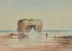 Frederick William Reaveley (British 1870-1950) watercolour depicting a costal scene, with sea arch