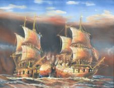 Artist unknown, a modern oil on canvas depicting an 18th century Naval battle between two ships,