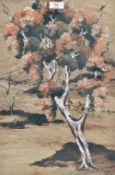 Artist unknown, bark painting showing blossom tree in the foreground, dead tree in the background,