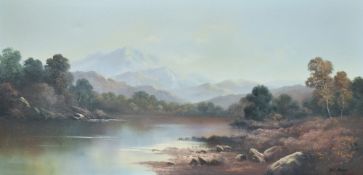 Artist unknown, 20th Century English School oil on canvas, landscape with trees, lake and mountains,