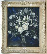 Doris Macdonald (British 20th century) oil on board, still life study 'Flowers with Blue Curtain'