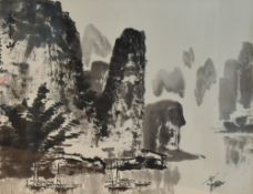 A contemporary Chinese monochrome river scene with boats and text/characters to upper left corner,
