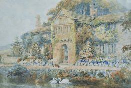William Woodhouse (British 1857-1939) watercolour, waterside manor house with sleeping, and a pair