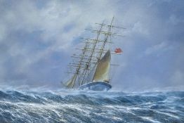 Edward D Walker (British b.1937) oil on canvas, stern of a three masted barque in stormy seas,