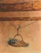 Ron Bone (British 1950-2011) acrylic on board 'Building the Nest' overpainted in clear varnish,