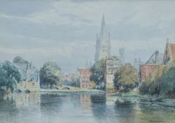 William Woodhouse (British 1857-1939) watercolour, Bruges, river scene looking towards the Sint-