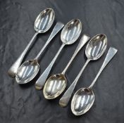 A set of six Victorian silver Old English pattern teaspoons, marks for London 1887, indistinct