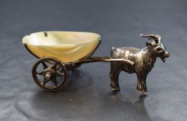A late Edwardian silver novelty pin cushion, modelled as a goat with mother-of-pearl shell cart,