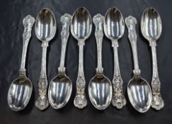 A group of eight Victorian silver Queen's pattern teaspoons, having a horse heraldic crest to the