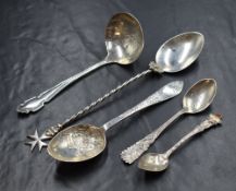 A George V silver sugar sifter, of traditional form having a decorative terminal with thread,