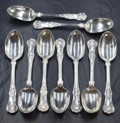 A group of nine Victorian silver Queen's pattern spoons, having a horse heraldic crest to the