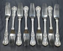 A group of nine Victorian silver Queen's pattern forks, having a horse heraldic crest to the